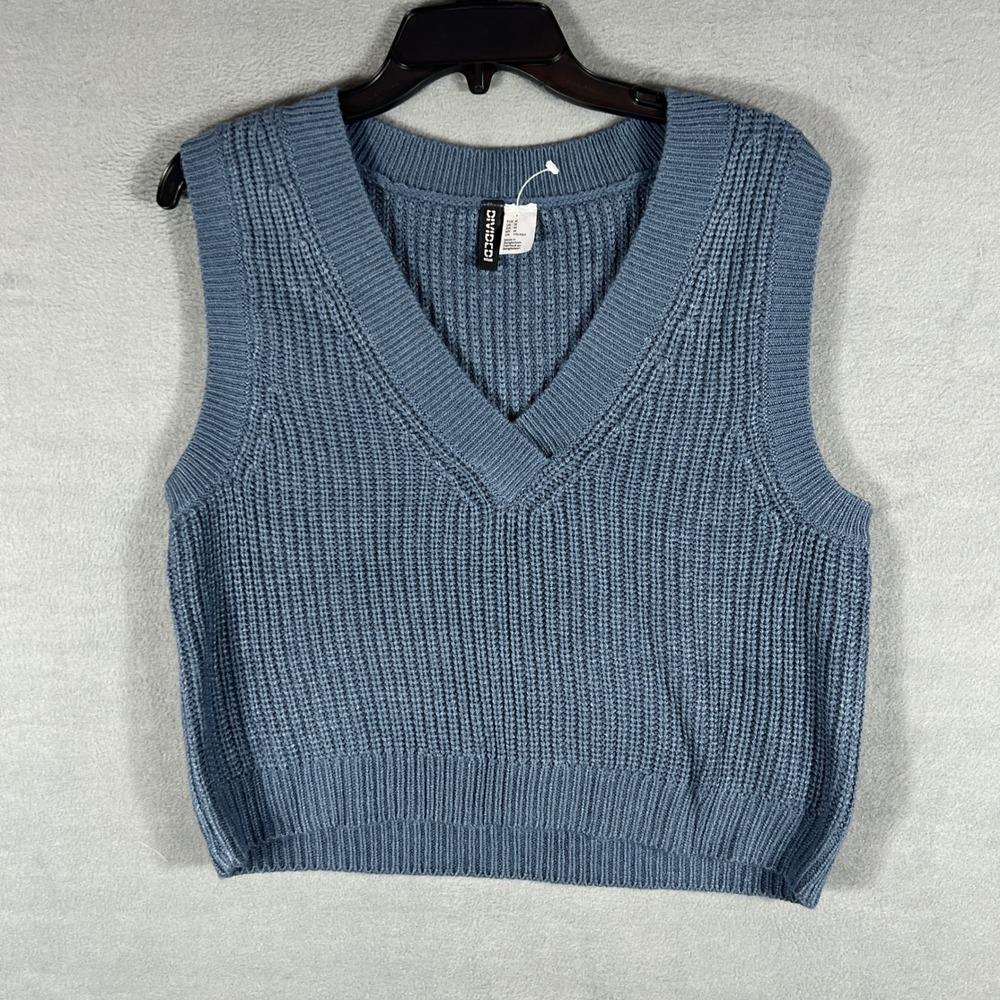 H&M Divided Womens Sweater Vest M Blue Ribbed Knit V-Neck Cropped Pullover